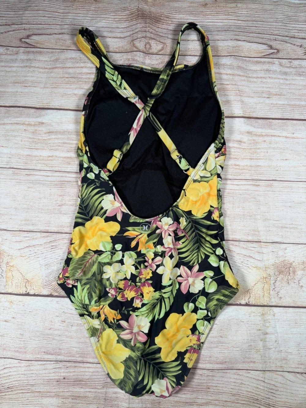 Hurley Black Floral One-Piece Swimsuit with Yellow,‎ Green & Pink